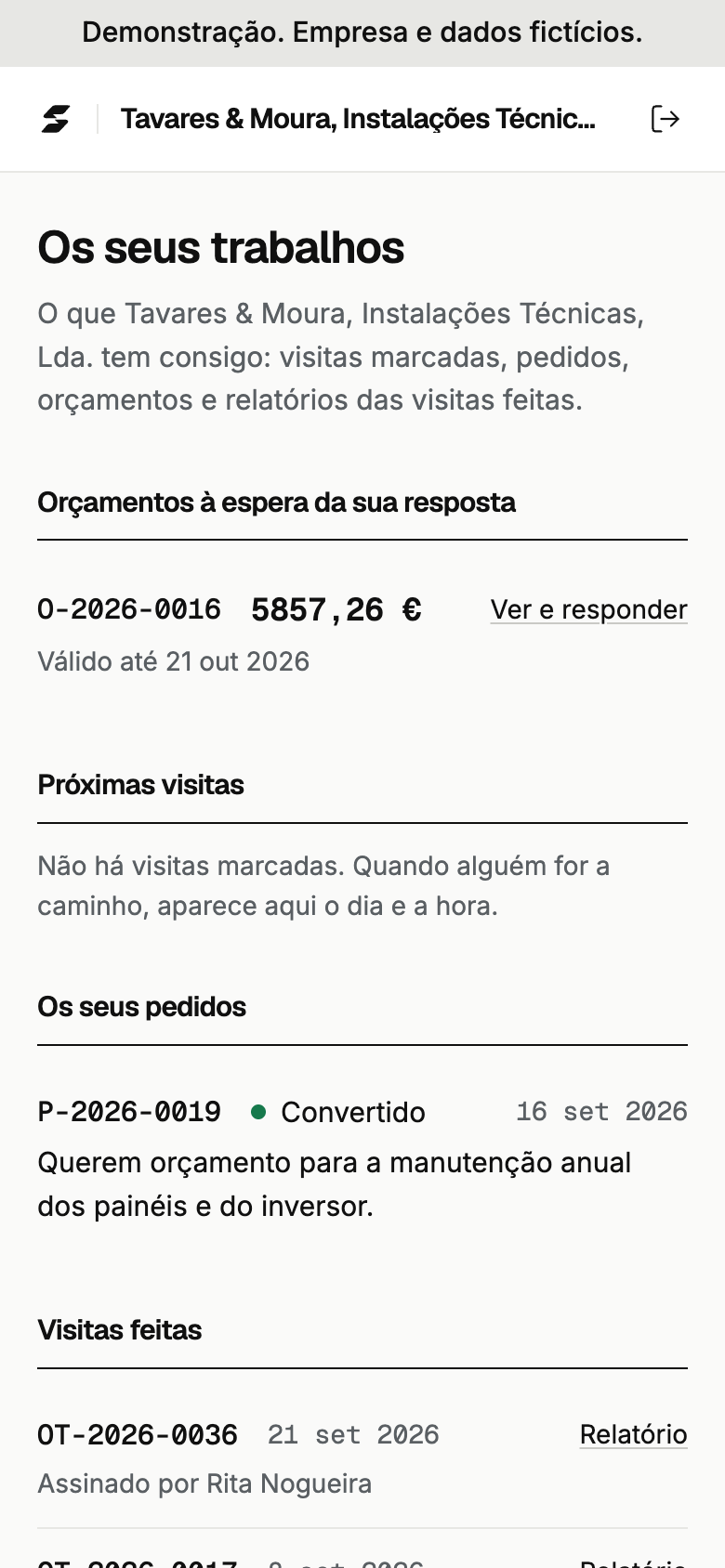 Gravação da demonstração, com dados fictícios: no portal, a cliente abre um orçamento, escreve o nome e aprova-o.