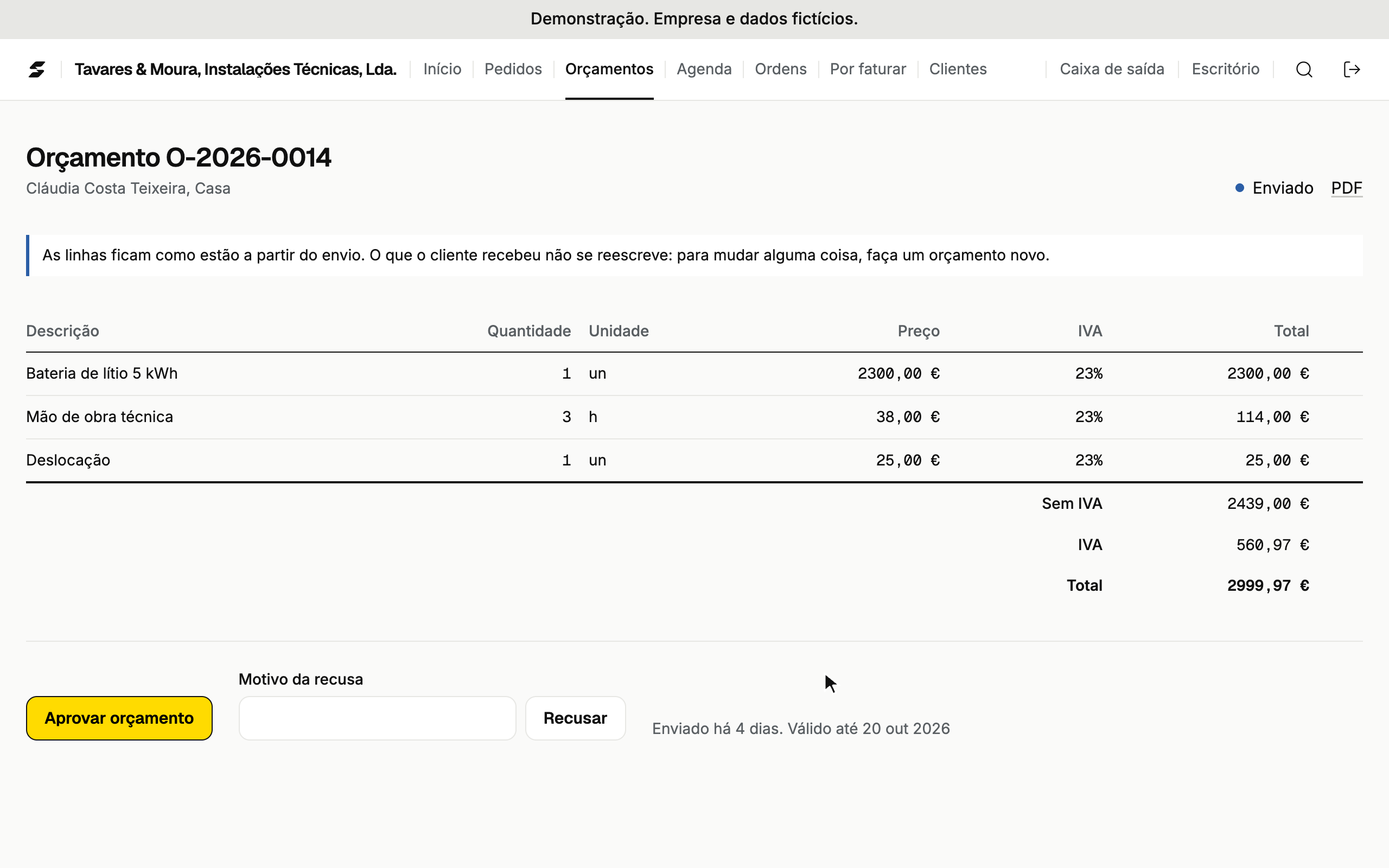 Gravação da demonstração, com dados fictícios: um orçamento é aprovado, passa a ordem de trabalho e é arrastado para a agenda de um técnico.